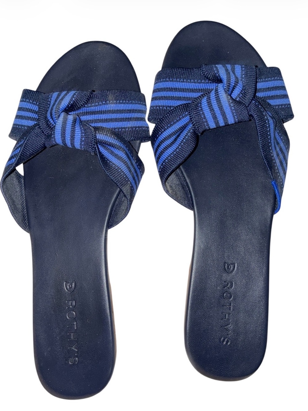 Rothy’s "The Knot" slide sandals in a navy blue and cobalt stripe pattern Sz 10